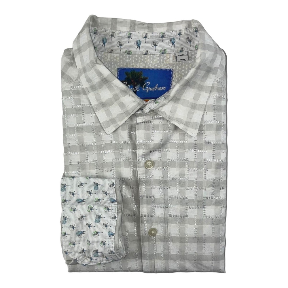 Robert Graham Cream White Embroidered Check Flip Cuff Shirt Mens XL